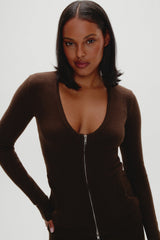 Sienna Zip Up Knit Sweater - Chocolate Brown