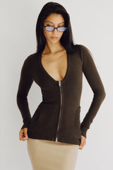 Sienna Zip Up Knit Sweater - Chocolate Brown