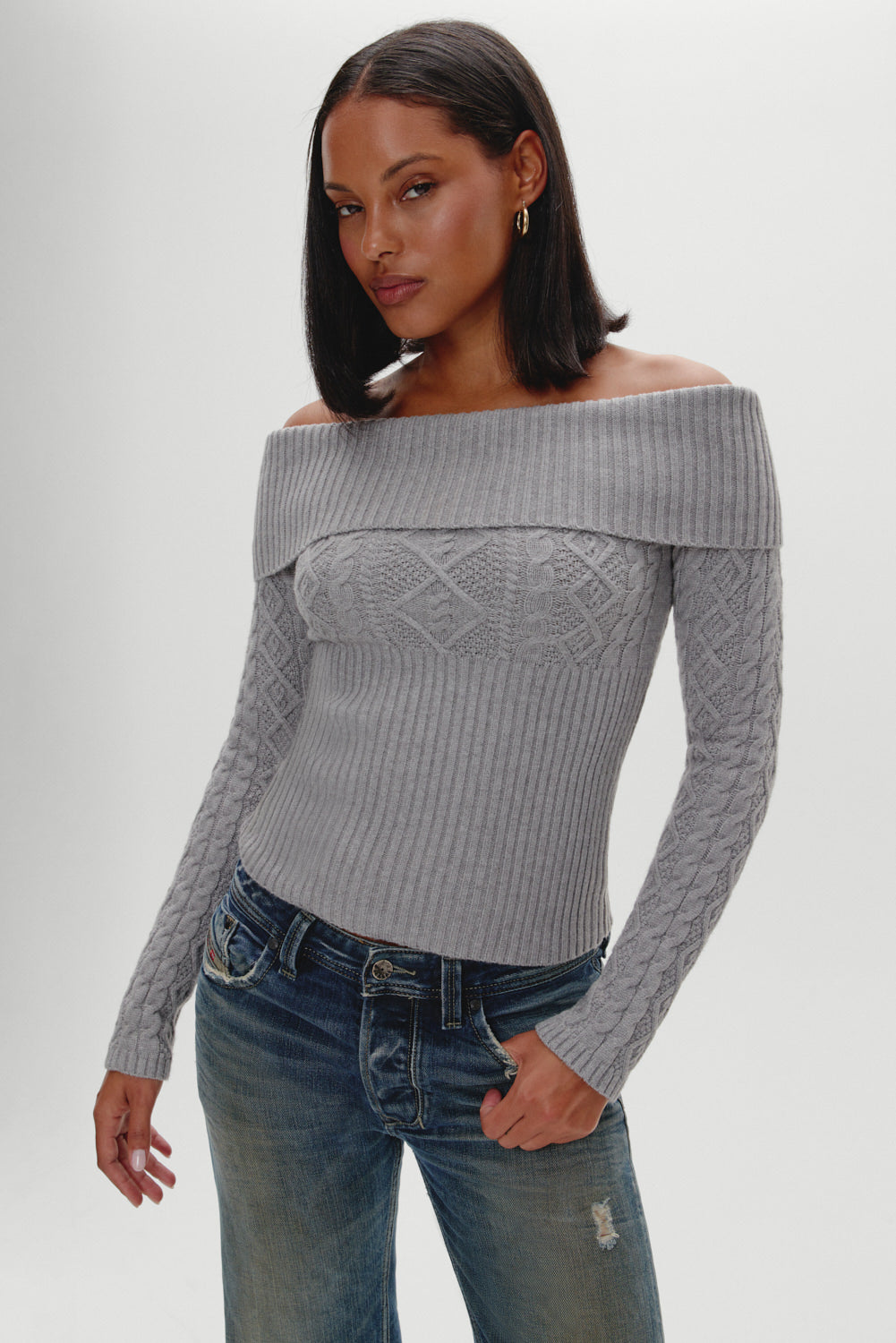 Jazz Off The Shoulder Knit Sweater - Cloud Cover