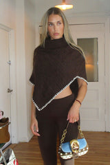 Windswept Cotton Knit Poncho - Chocolate Brown